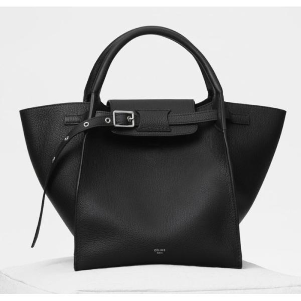 CELINE Grained Calfskin Small "Big Bag" with Shoulder Strap Tote Bag in Black